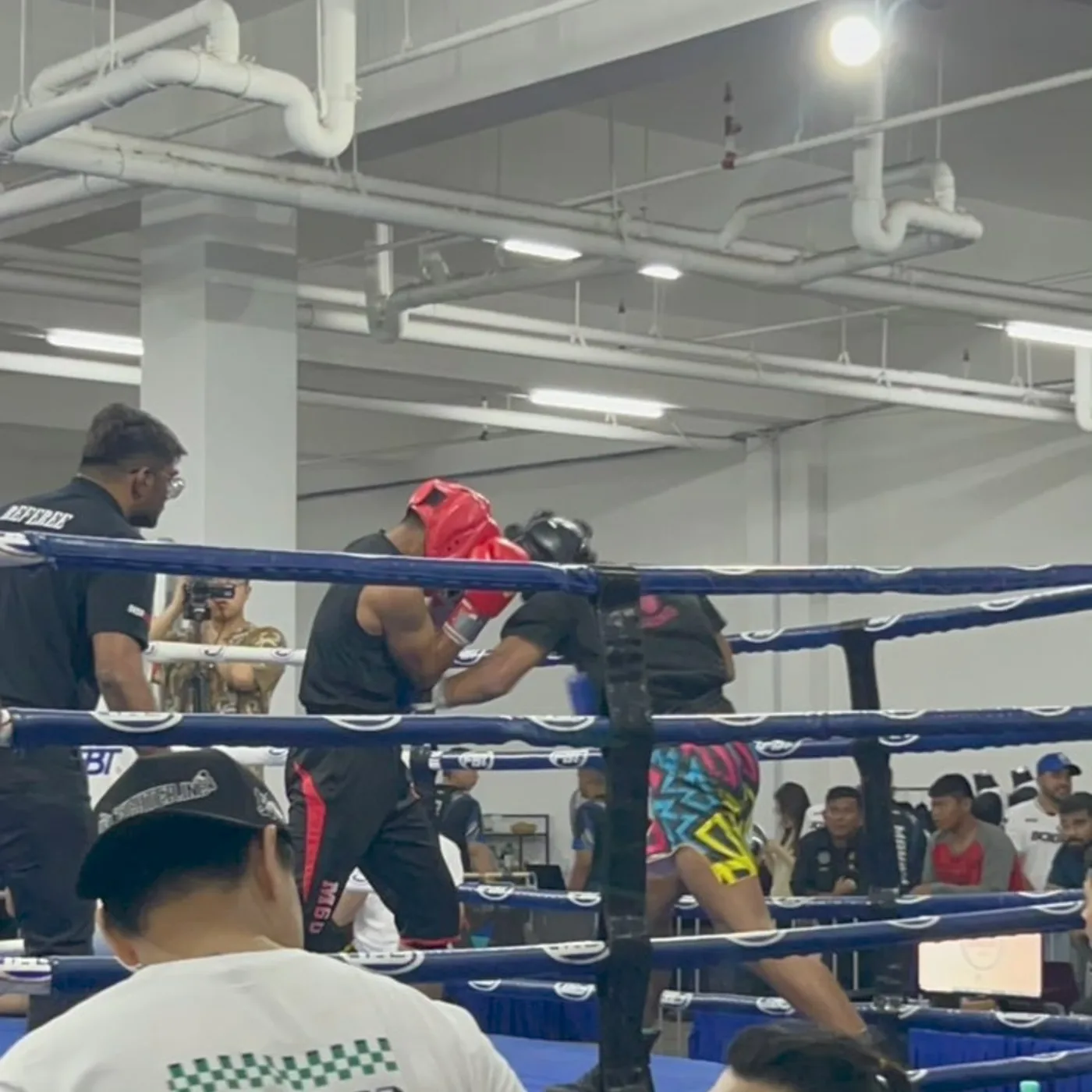 A supervised youth bout in a bright gym, referee watching closely